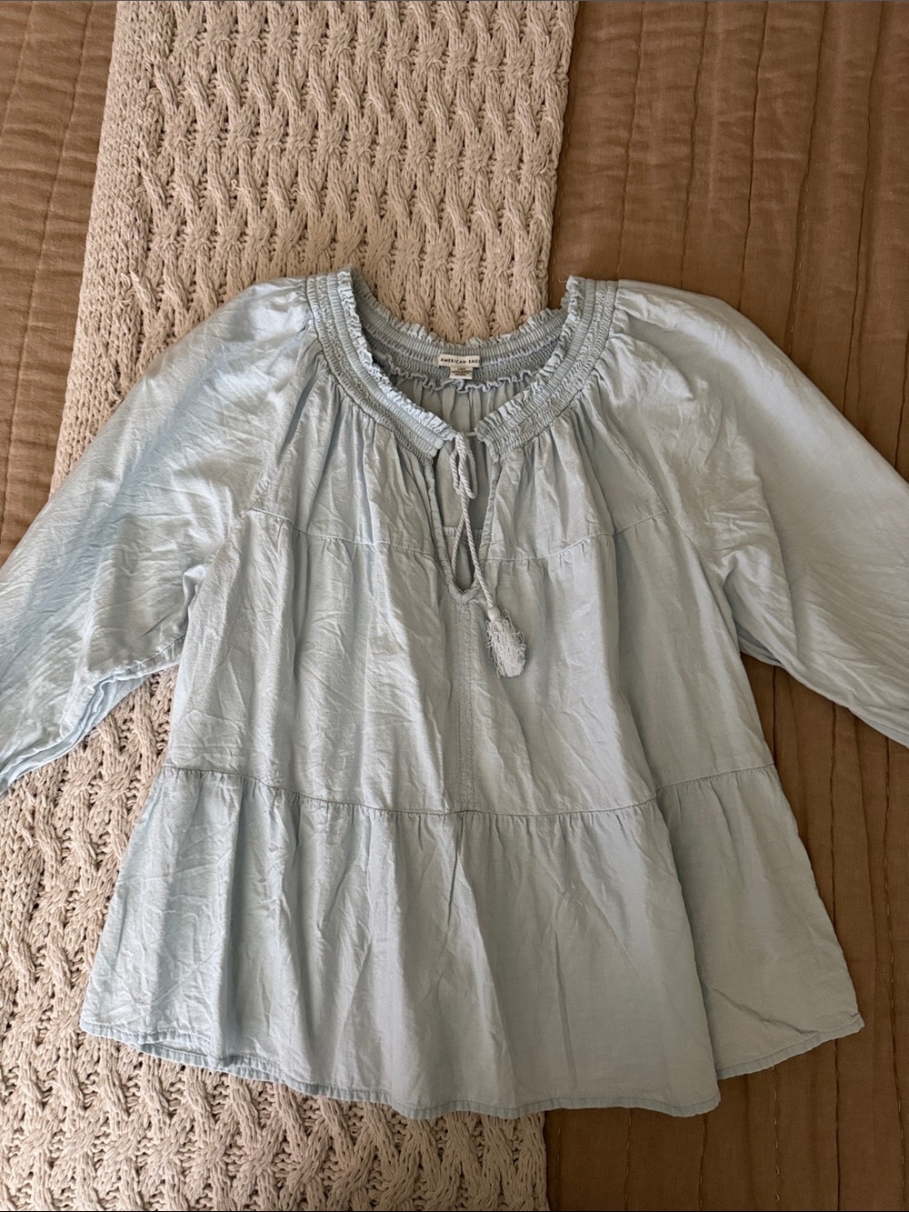 American Eagle Outfitters Chambray Peasant Top with Tassel Tie